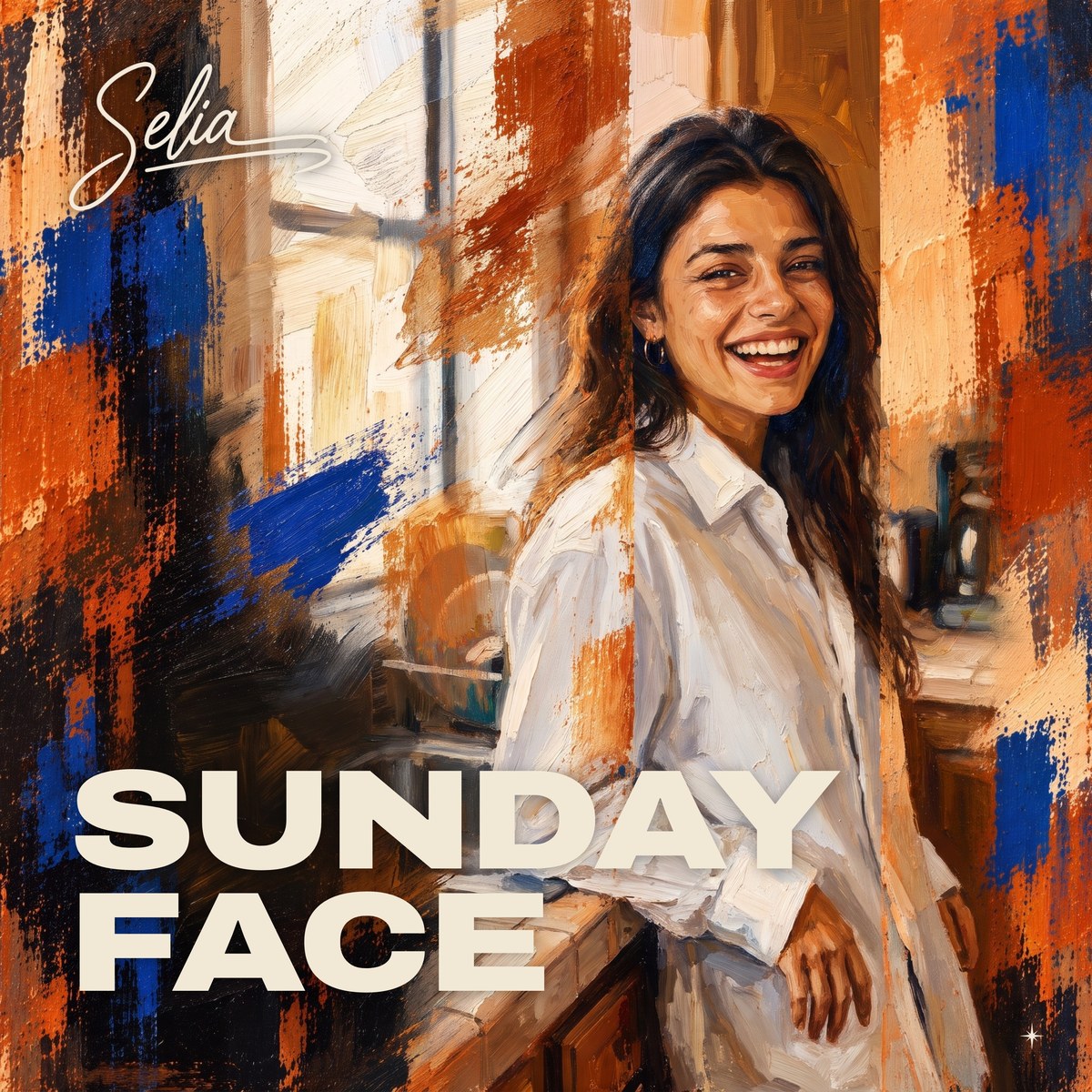 Sunday Face single cover: SELIA leaning against a kitchen counter, painted style, digitally created